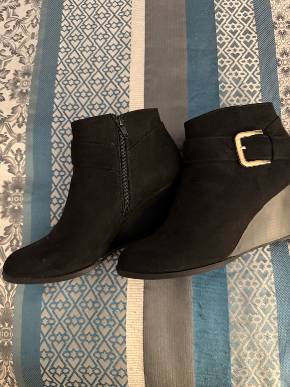 Black Wedge Ankle Boots with Buckle - Women's